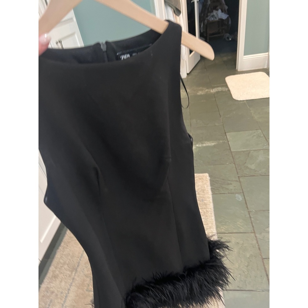 Zara Black Sleeveless Feather Trim Mini Viral  Dress Small Cockail Party LBD - Picture 3 of 5